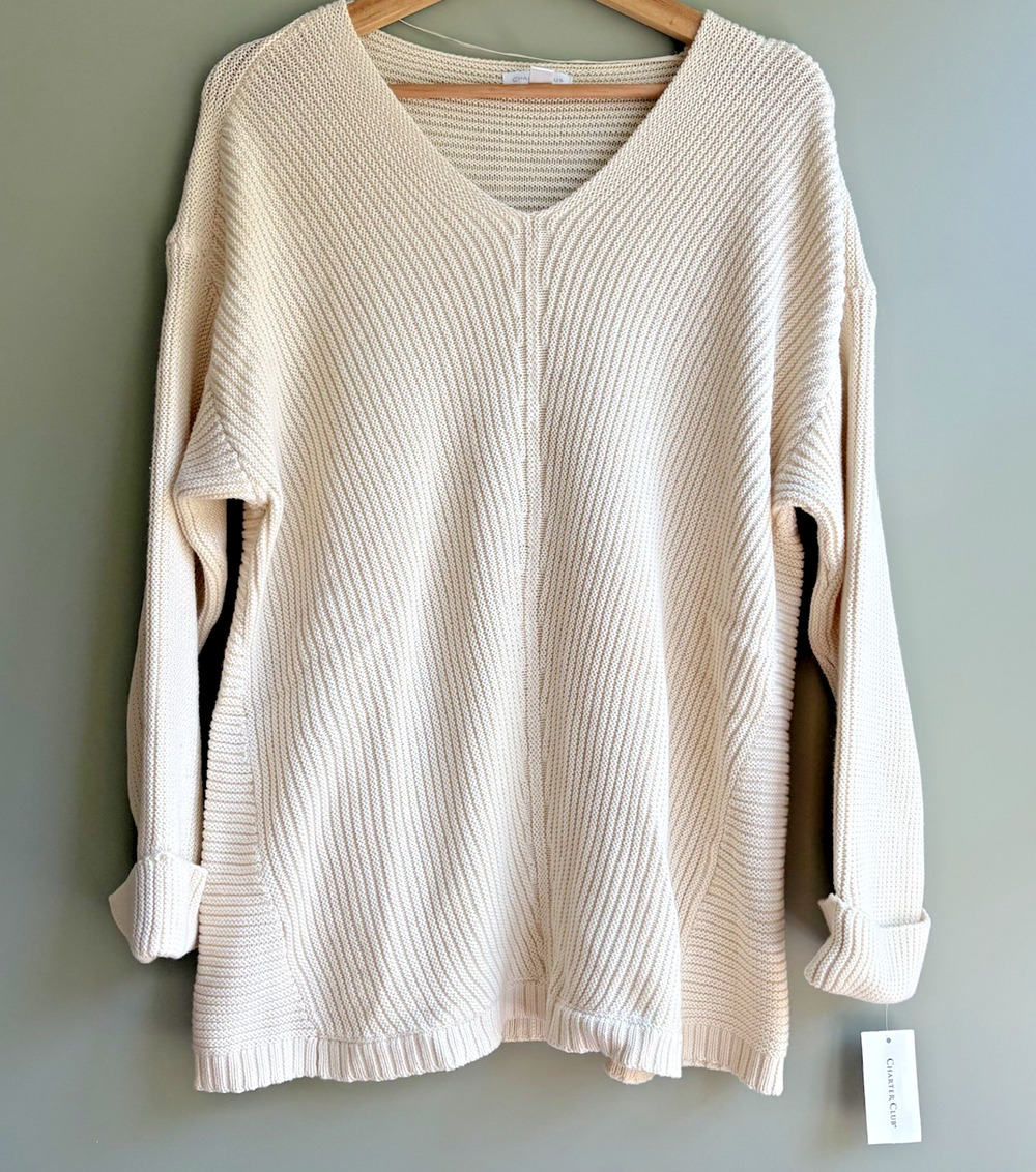 New CHARTER CLUB Cream Cotton Sweater XXL Slouchy Knit V-Neck Minimalist Neutral